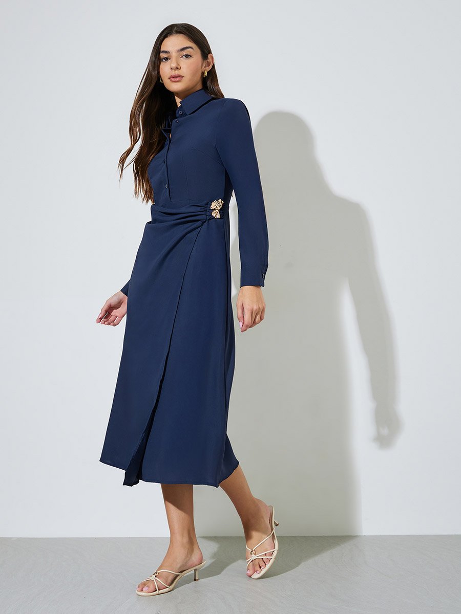 Nave Blue Solid Long Sleeve Shirt Midi Dress with Embellishment