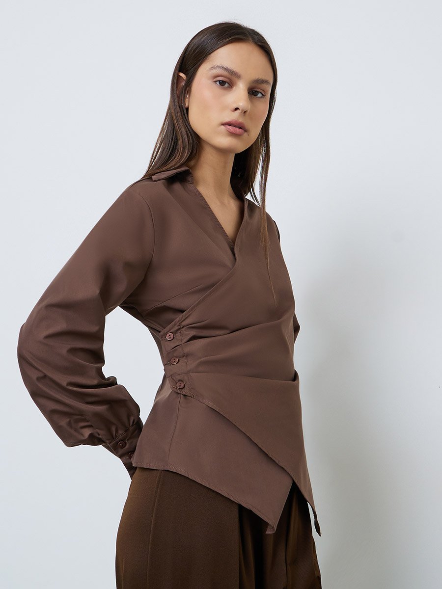Brown Asymmetric Hem Solid Wrap Top