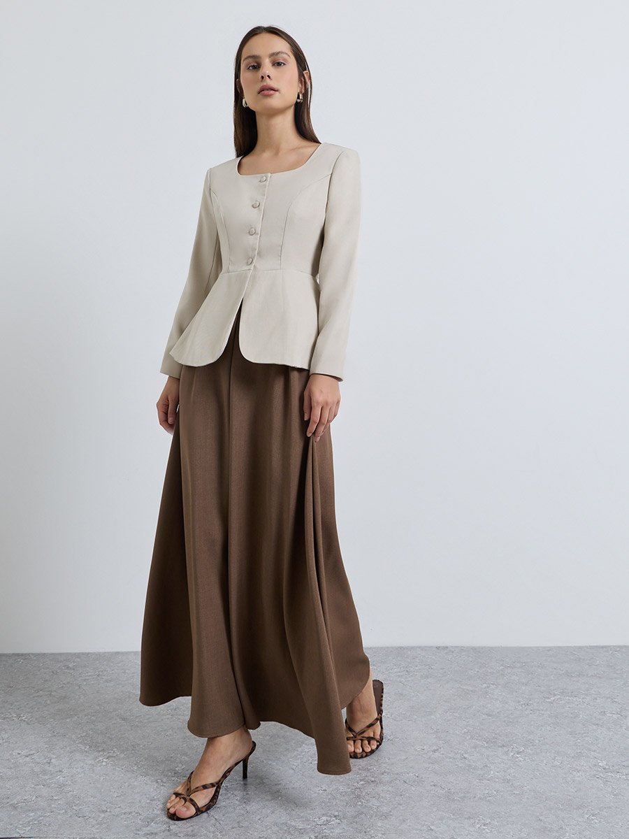 Beige Fitted Peplum Top with Button Front