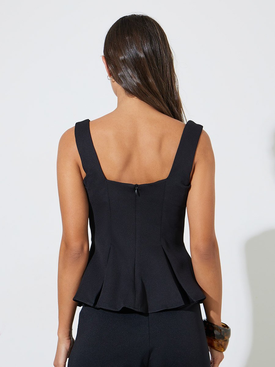 Black Solid Ruffle Details Sleeveless Peplum Blouse