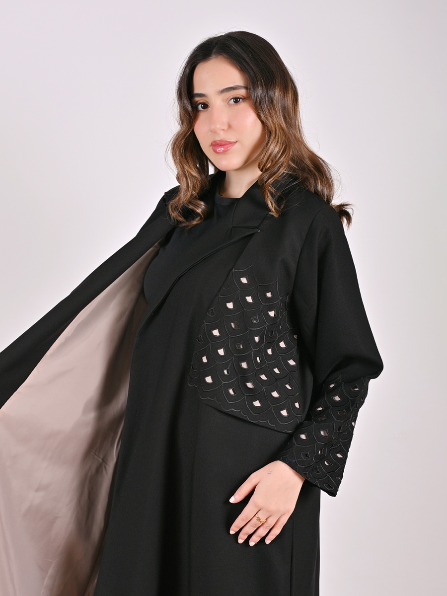 Black Blazer-Style Abaya with Cut-Out Pattern
