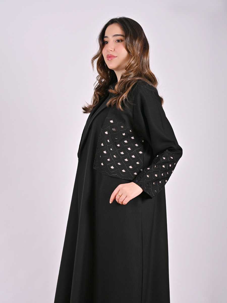 Black Blazer-Style Abaya with Cut-Out Pattern