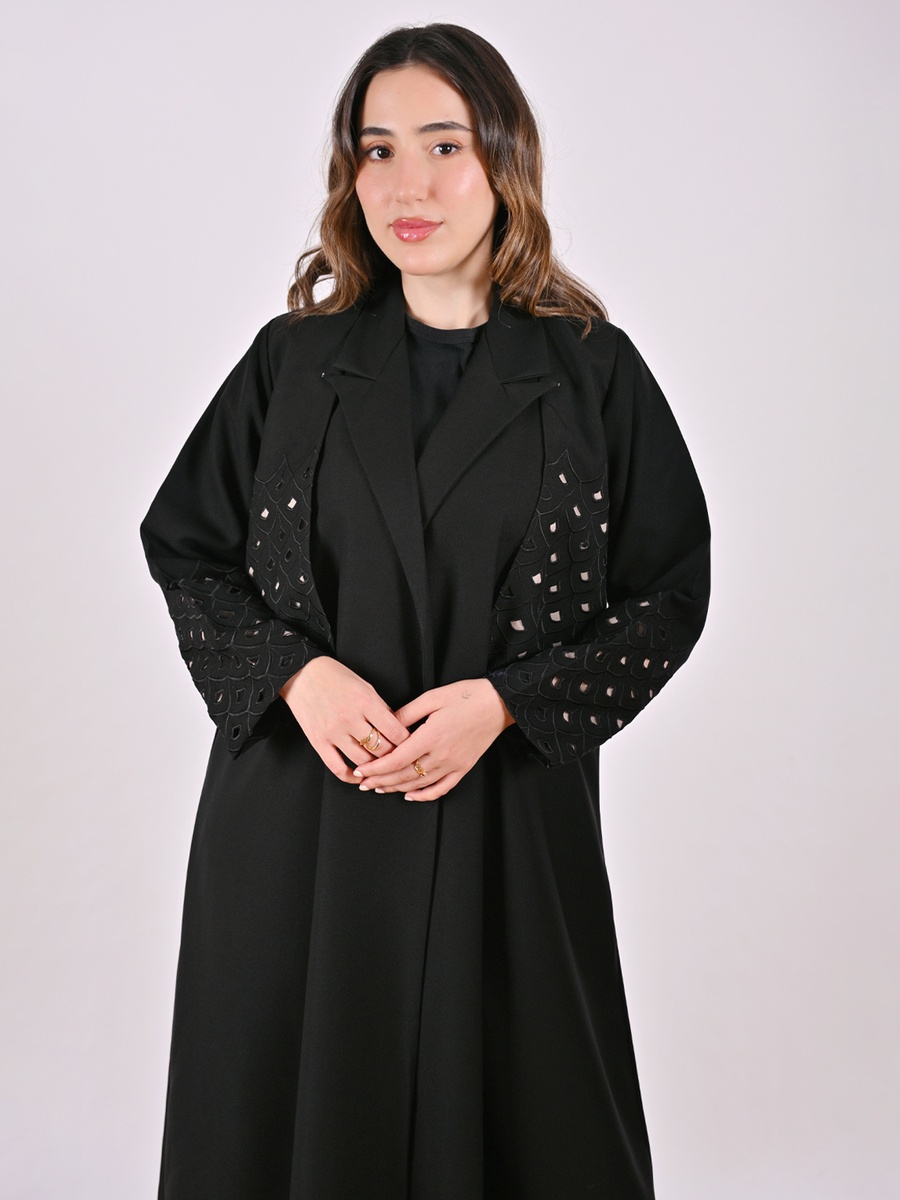 Black Blazer-Style Abaya with Cut-Out Pattern
