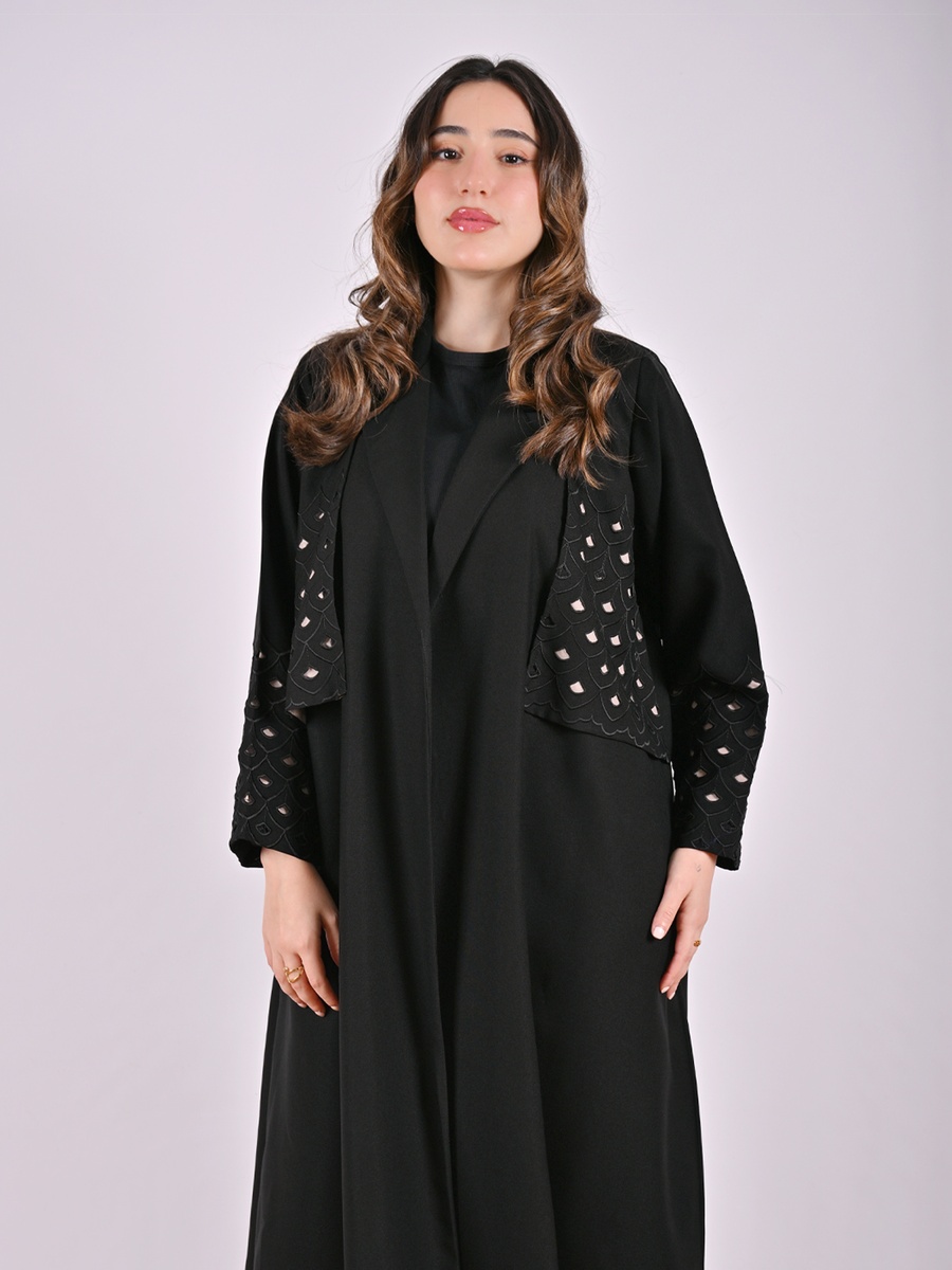 Black Blazer-Style Abaya with Cut-Out Pattern