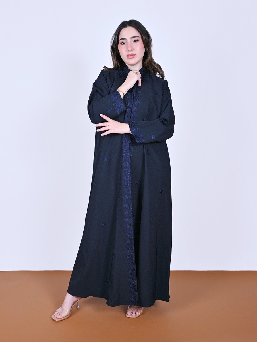 Navy Blue Wrap Abaya with Embroidery