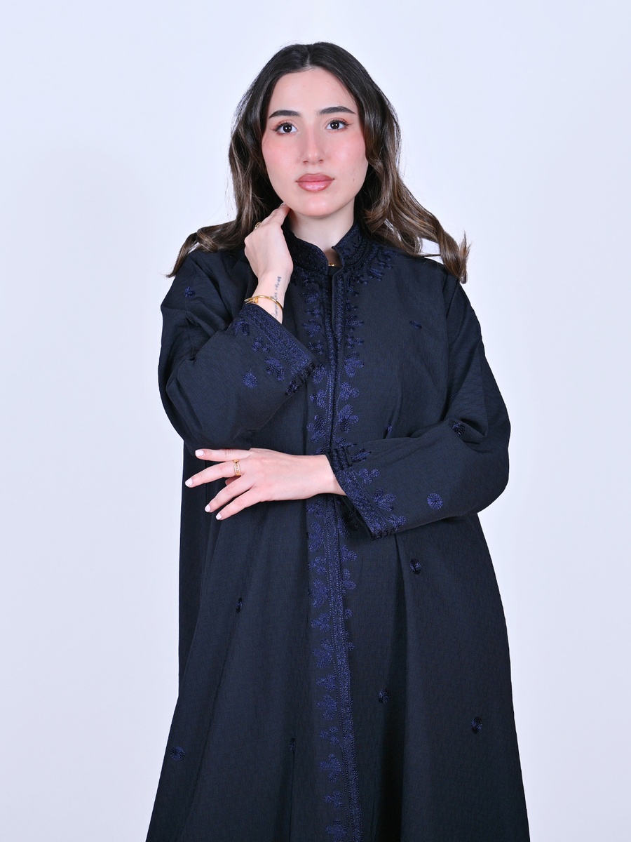 Navy Blue Wrap Abaya with Embroidery