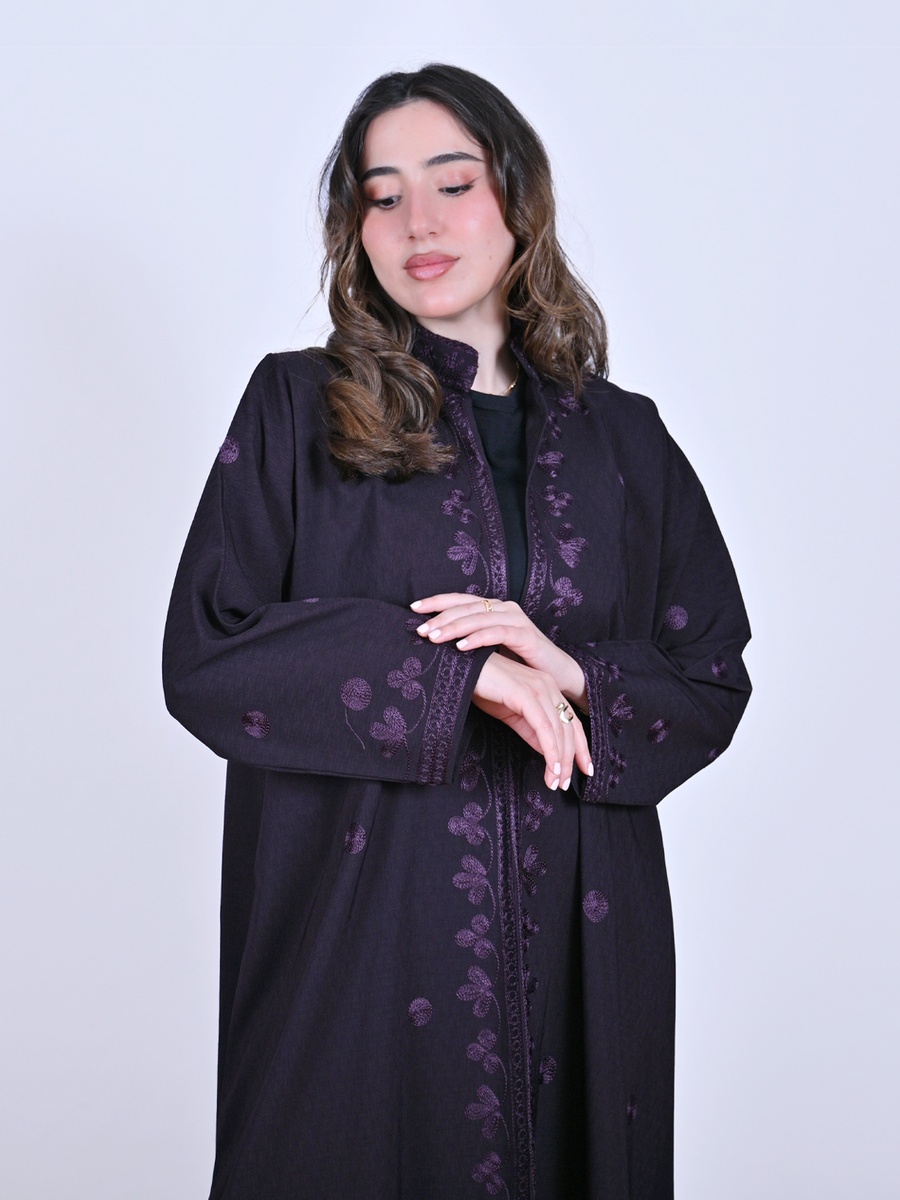 Dark Purple Wrap Abaya with Embroidery