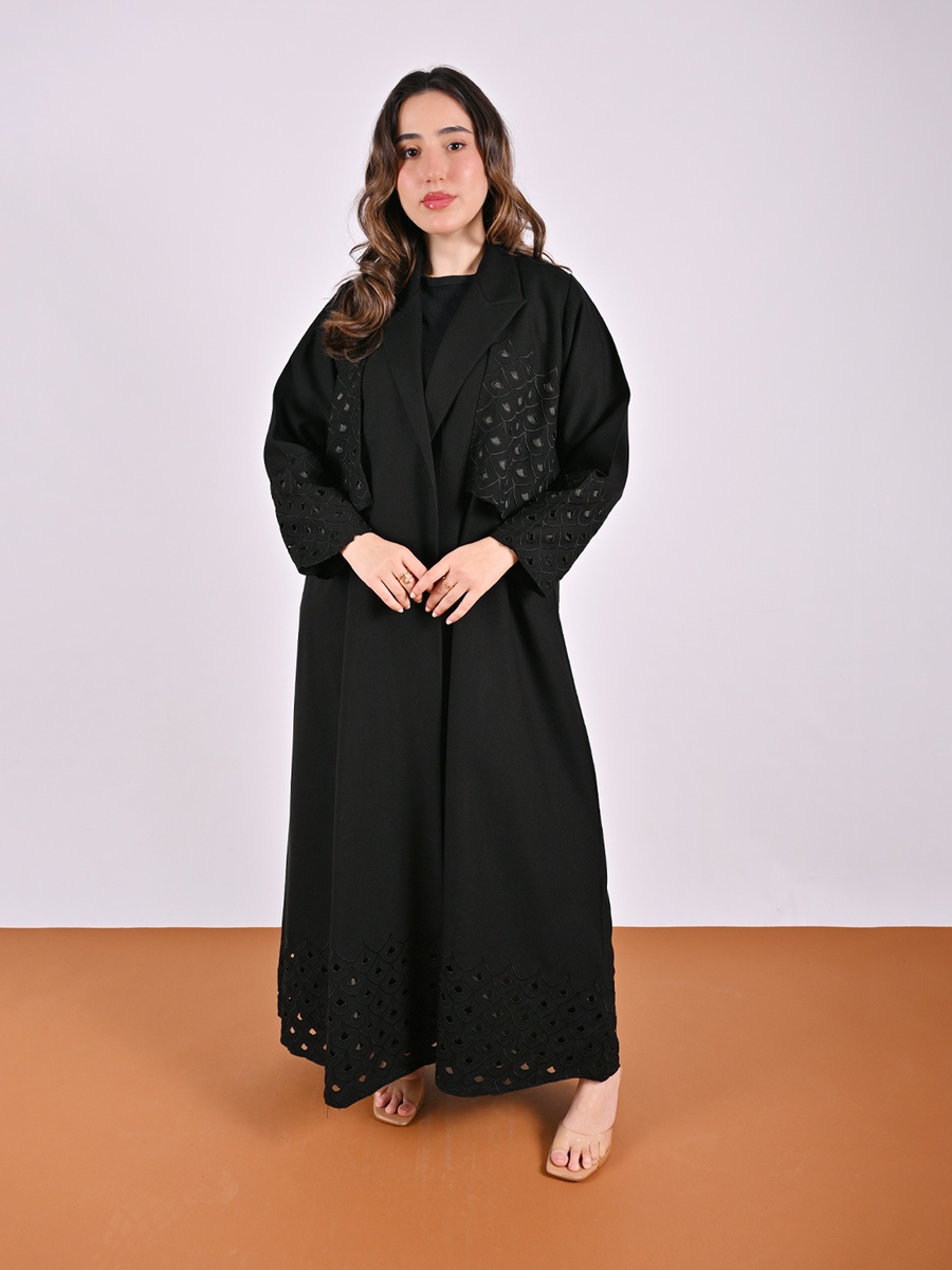 Black Blazer-Style Abaya with Cut-Out Pattern