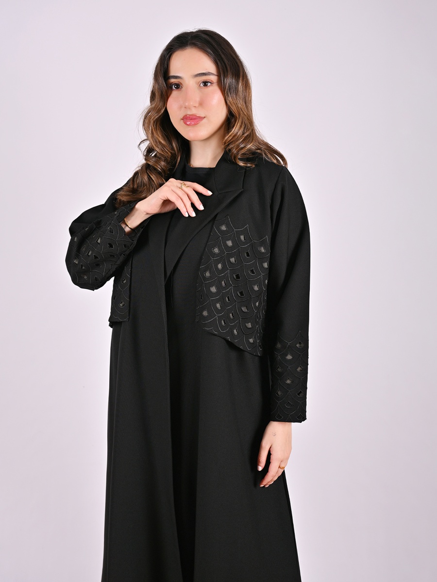 Black Blazer-Style Abaya with Cut-Out Pattern