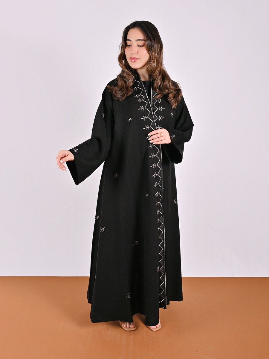 Black Flared Abaya with Embroidery