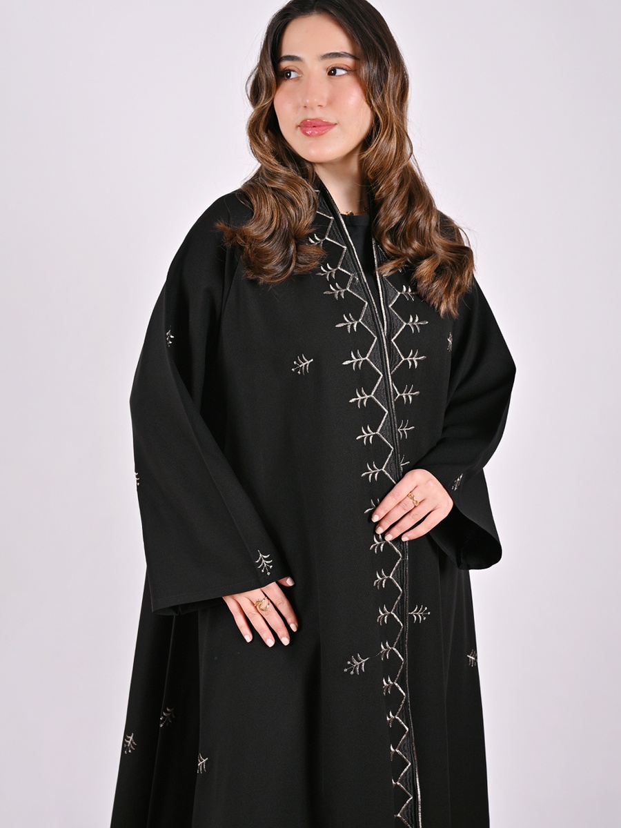 Black Flared Abaya with Embroidery