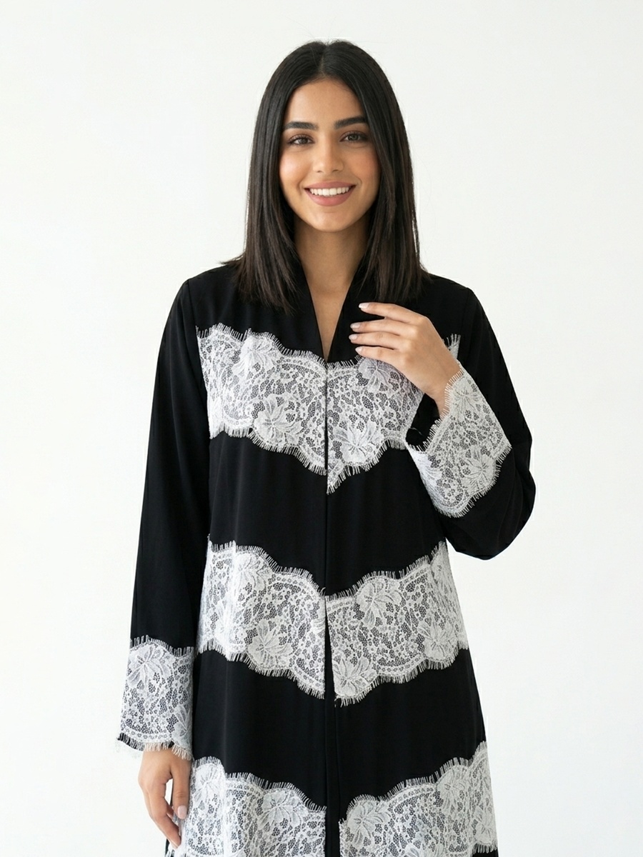 Black Wrap Abaya with Lace Detail