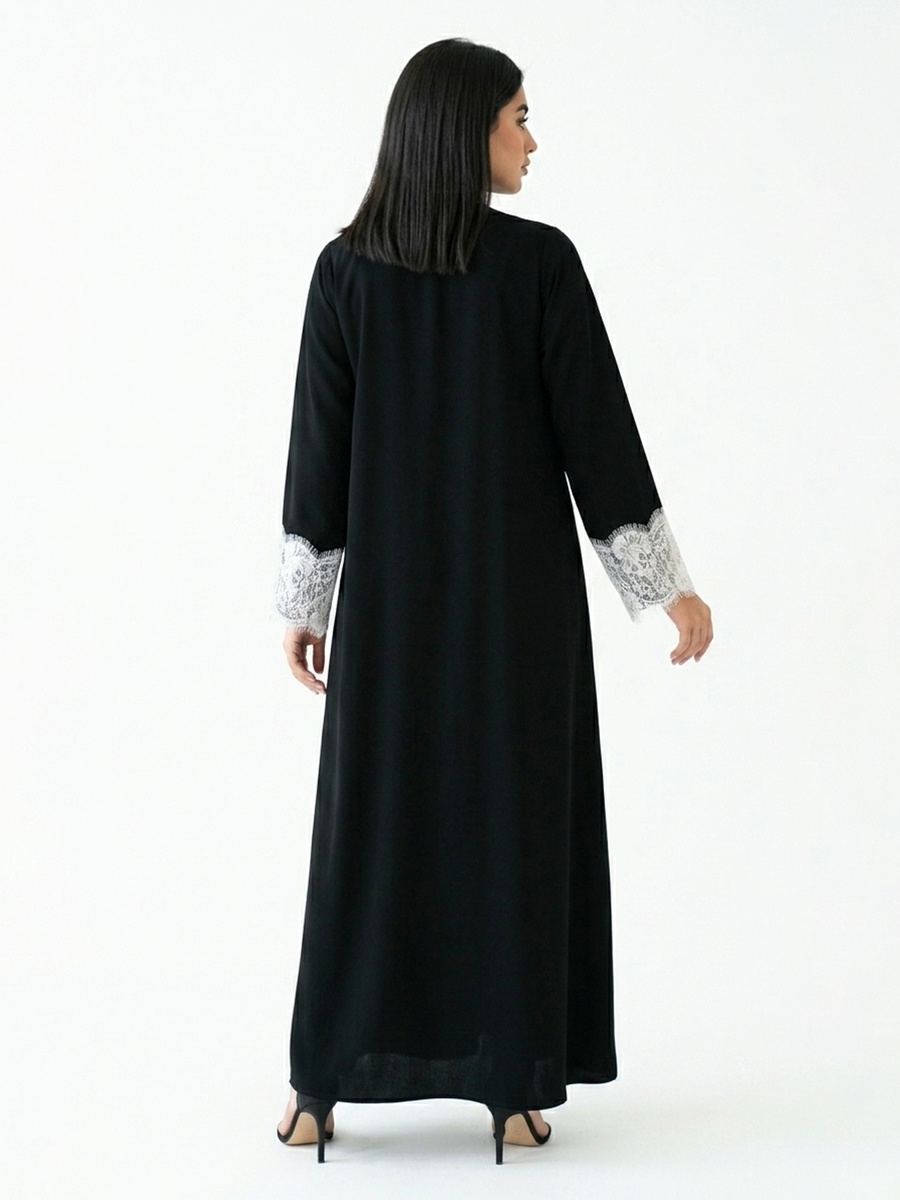 Black Wrap Abaya with Lace Detail