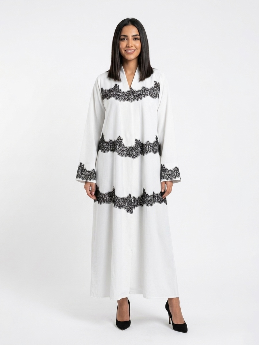 White Wrap Abaya with Lace Detail
