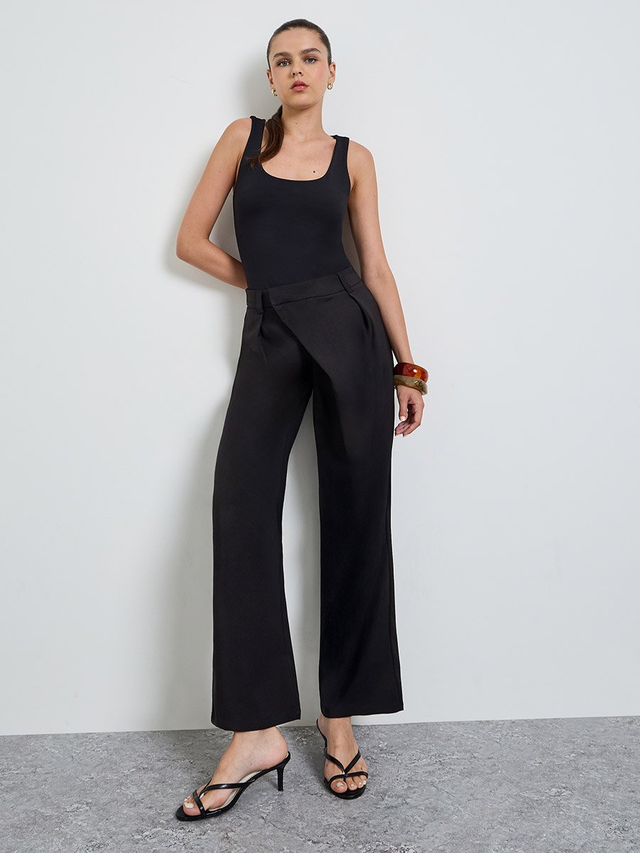 Black Asymmetric Pleated Wide-Leg pants