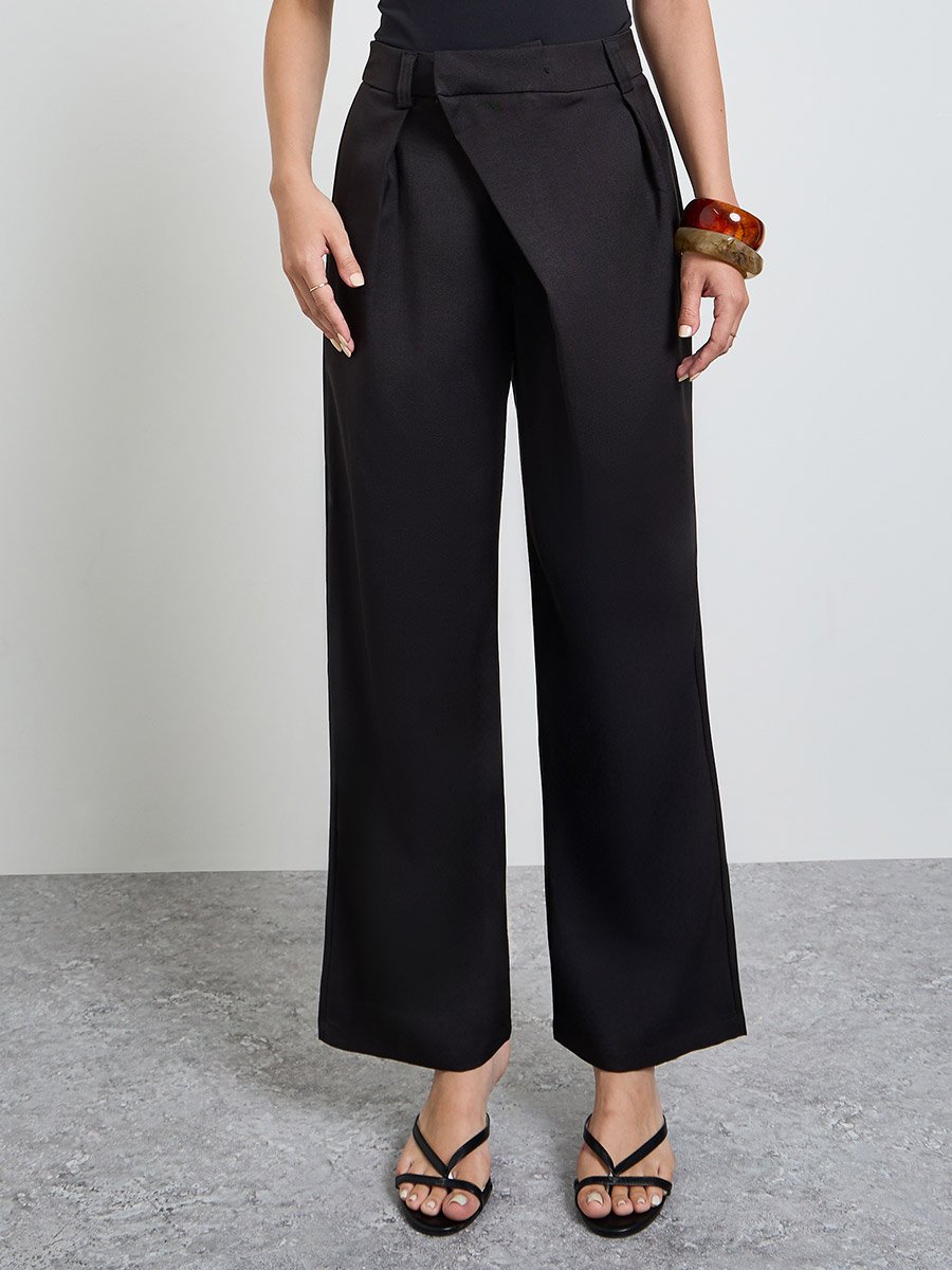 Black Asymmetric Pleated Wide-Leg pants