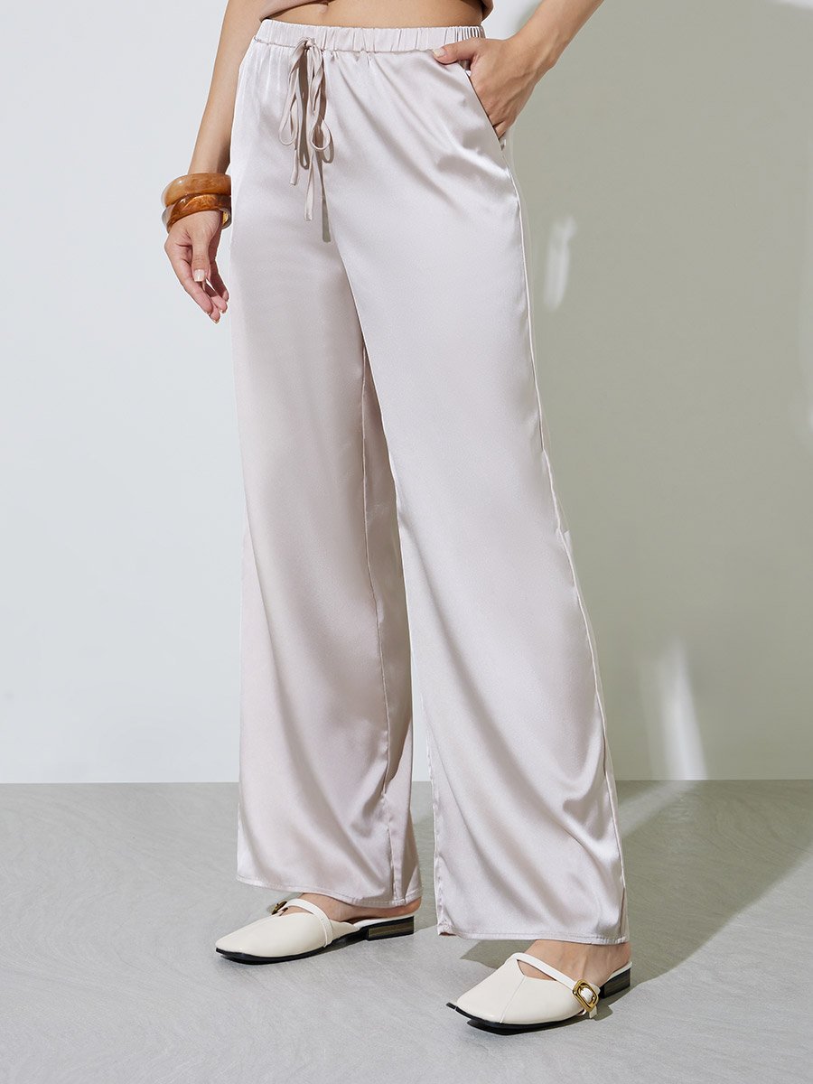 Beige Satin Wide-Leg Trousers