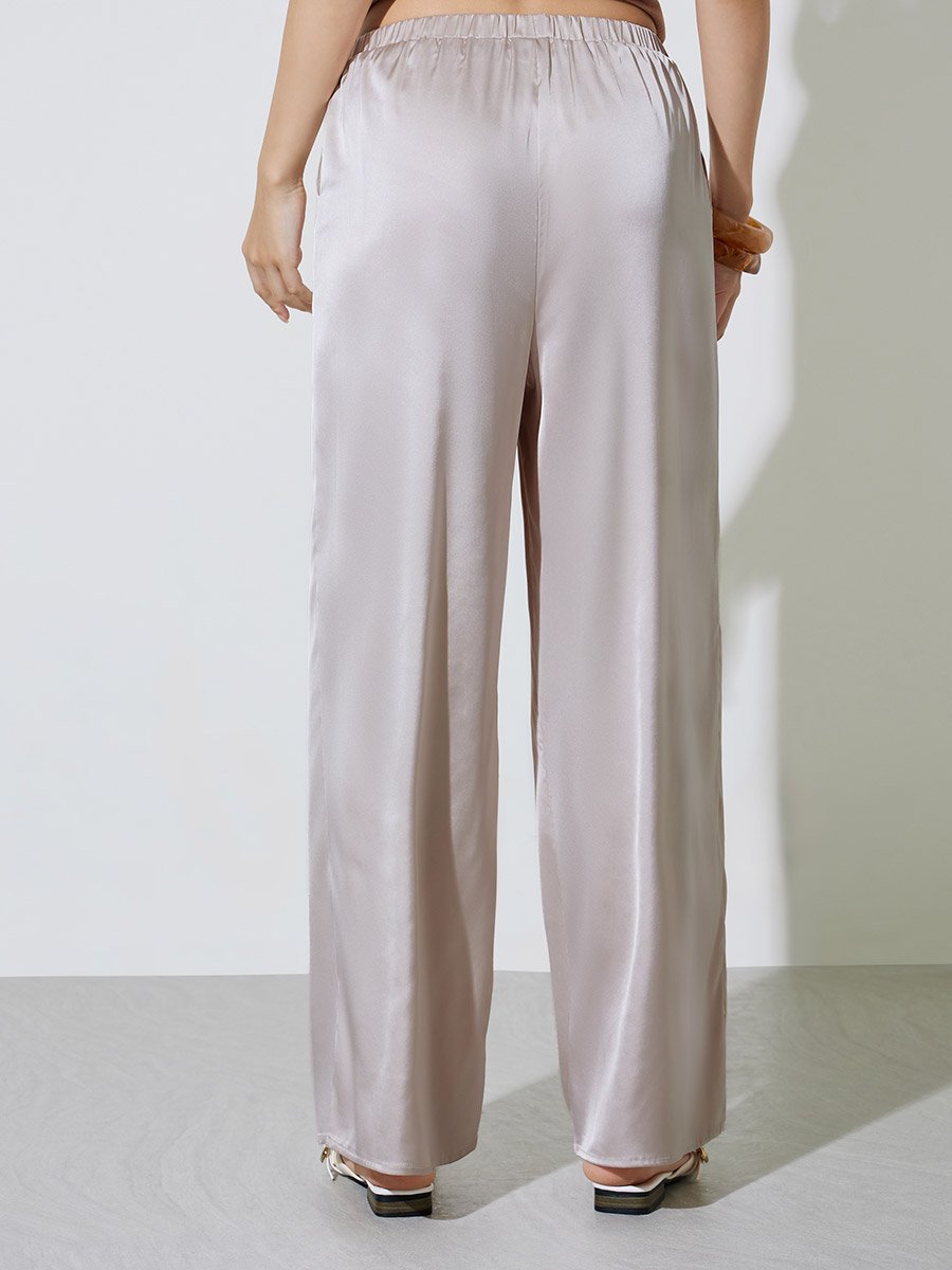Beige Satin Wide-Leg Trousers