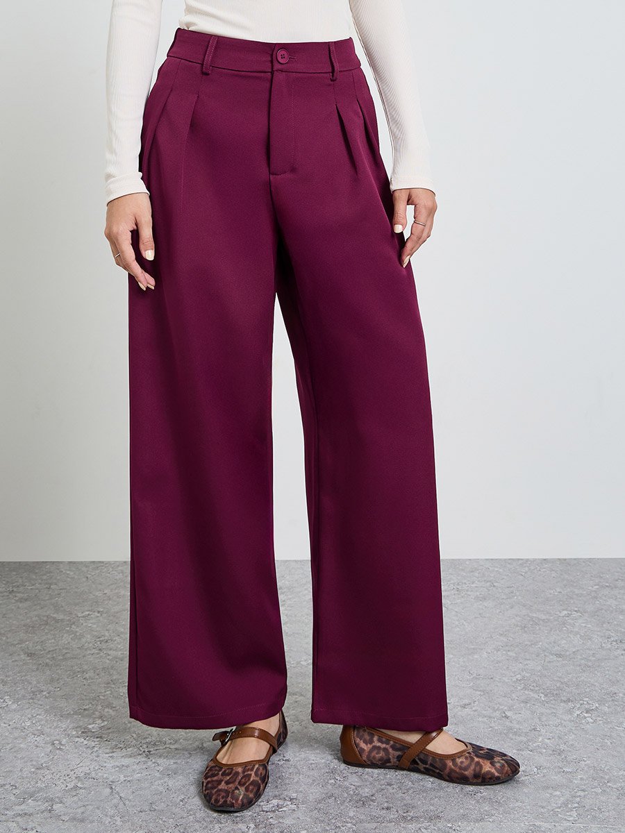Burgundy Wide Leg Pocket Detail Trousers