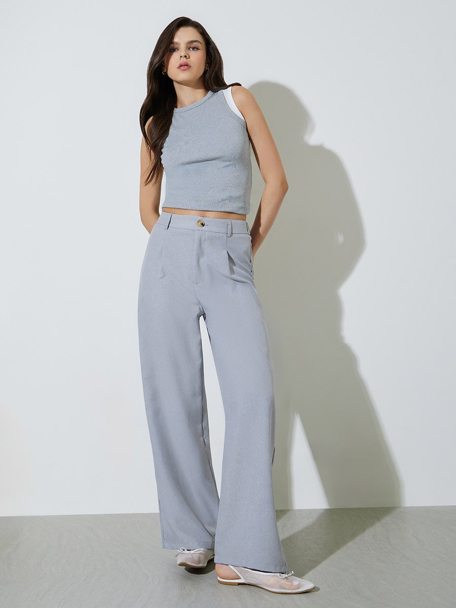Grey Solid Wide Leg Trousers