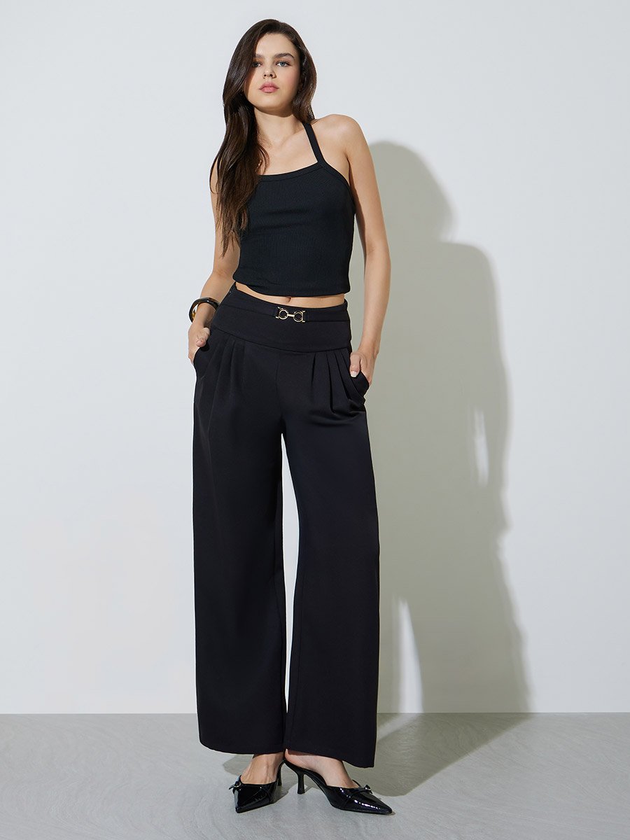 Black Wide Leg Trousers with Buckle Detail