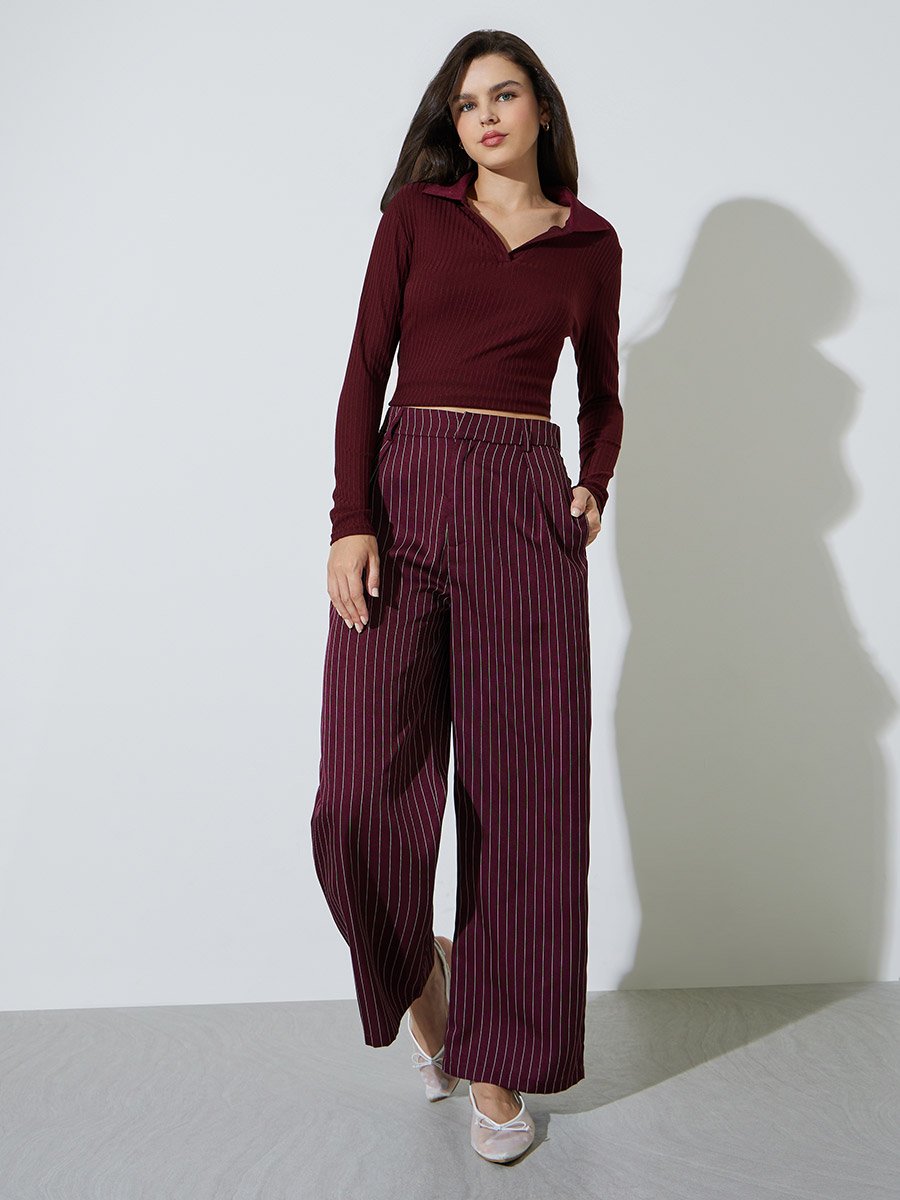 Burgundy Striped Wide Leg Trousers