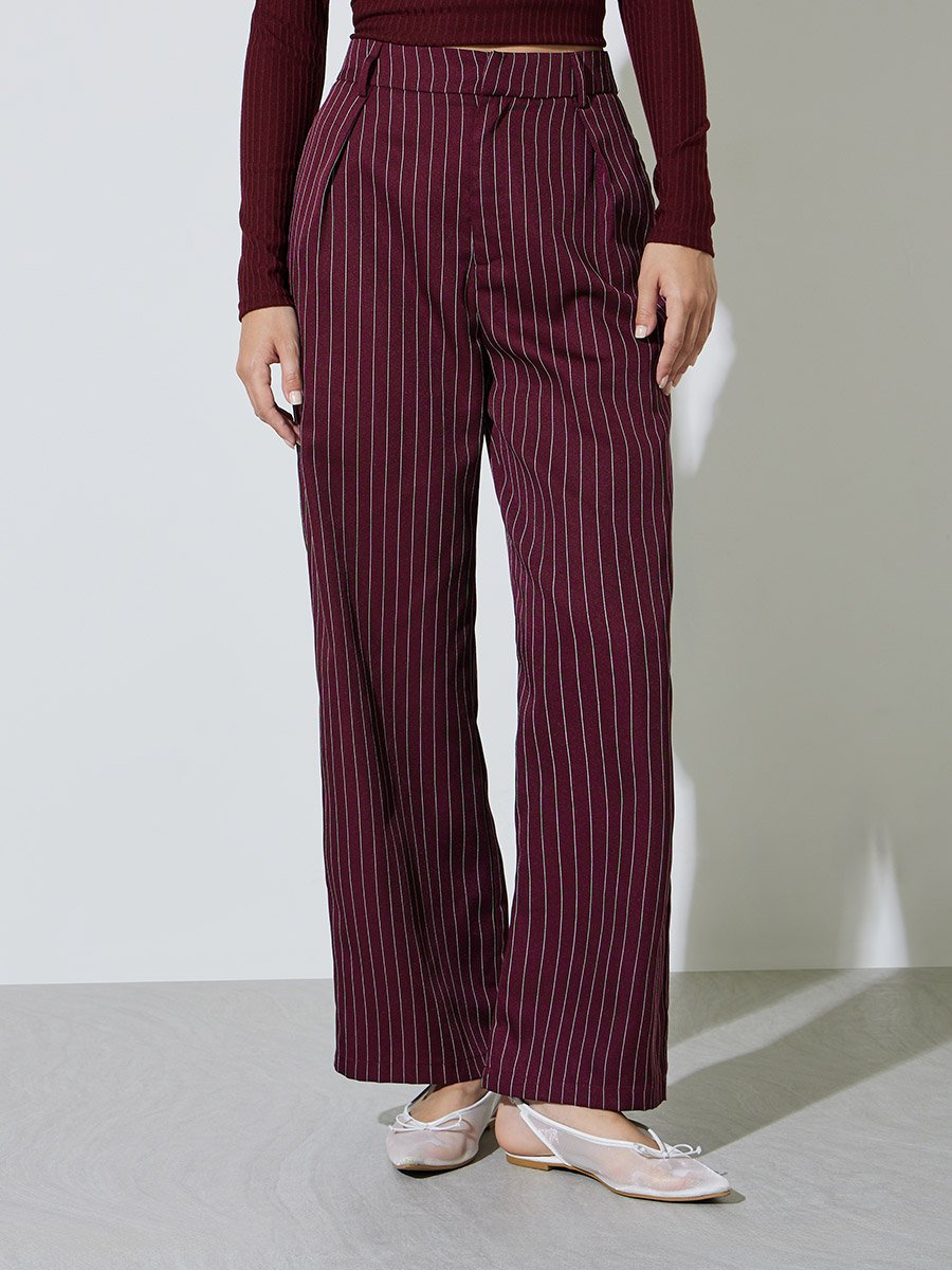 Burgundy Striped Wide Leg Trousers