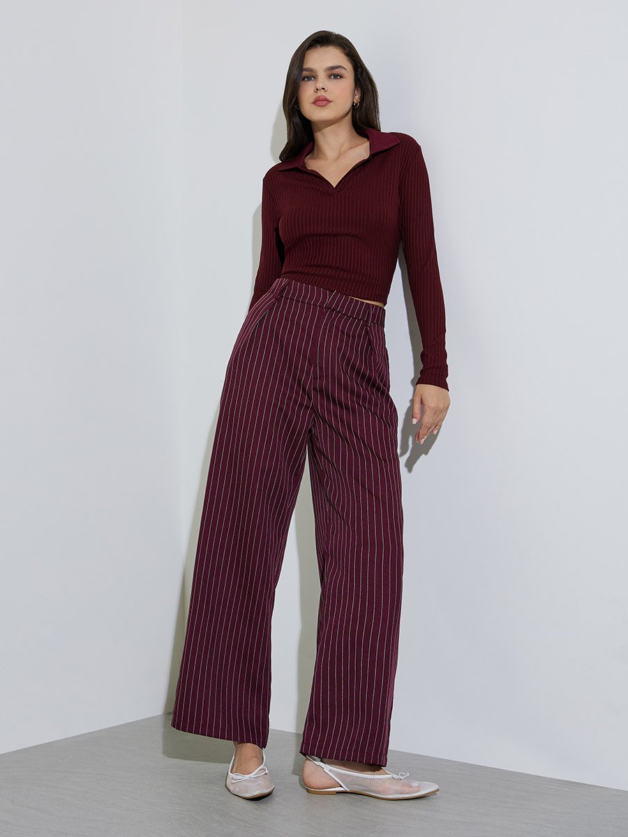 Burgundy Striped Wide Leg Trousers