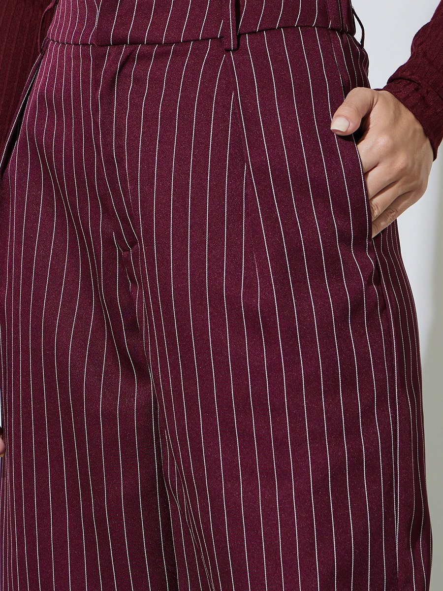 Burgundy Striped Wide Leg Trousers