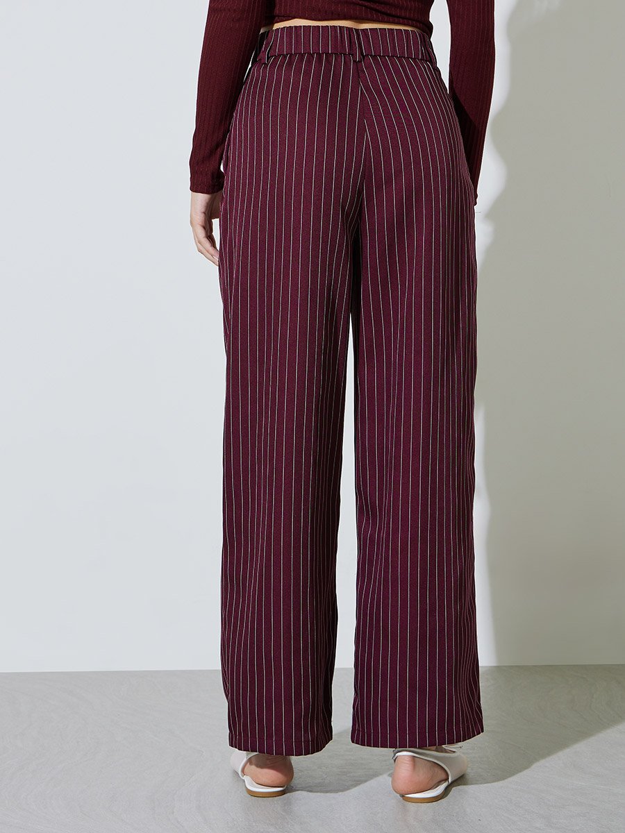 Burgundy Striped Wide Leg Trousers