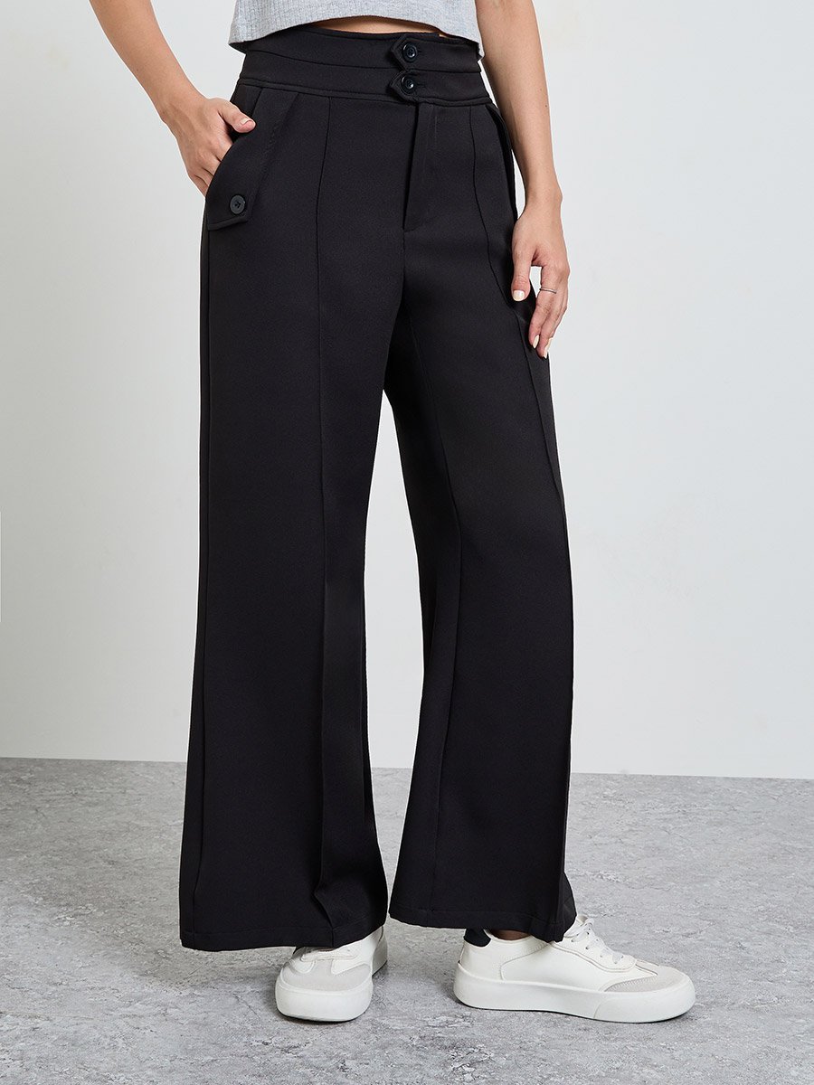 Black Solid High Waist Wide Leg Trousers