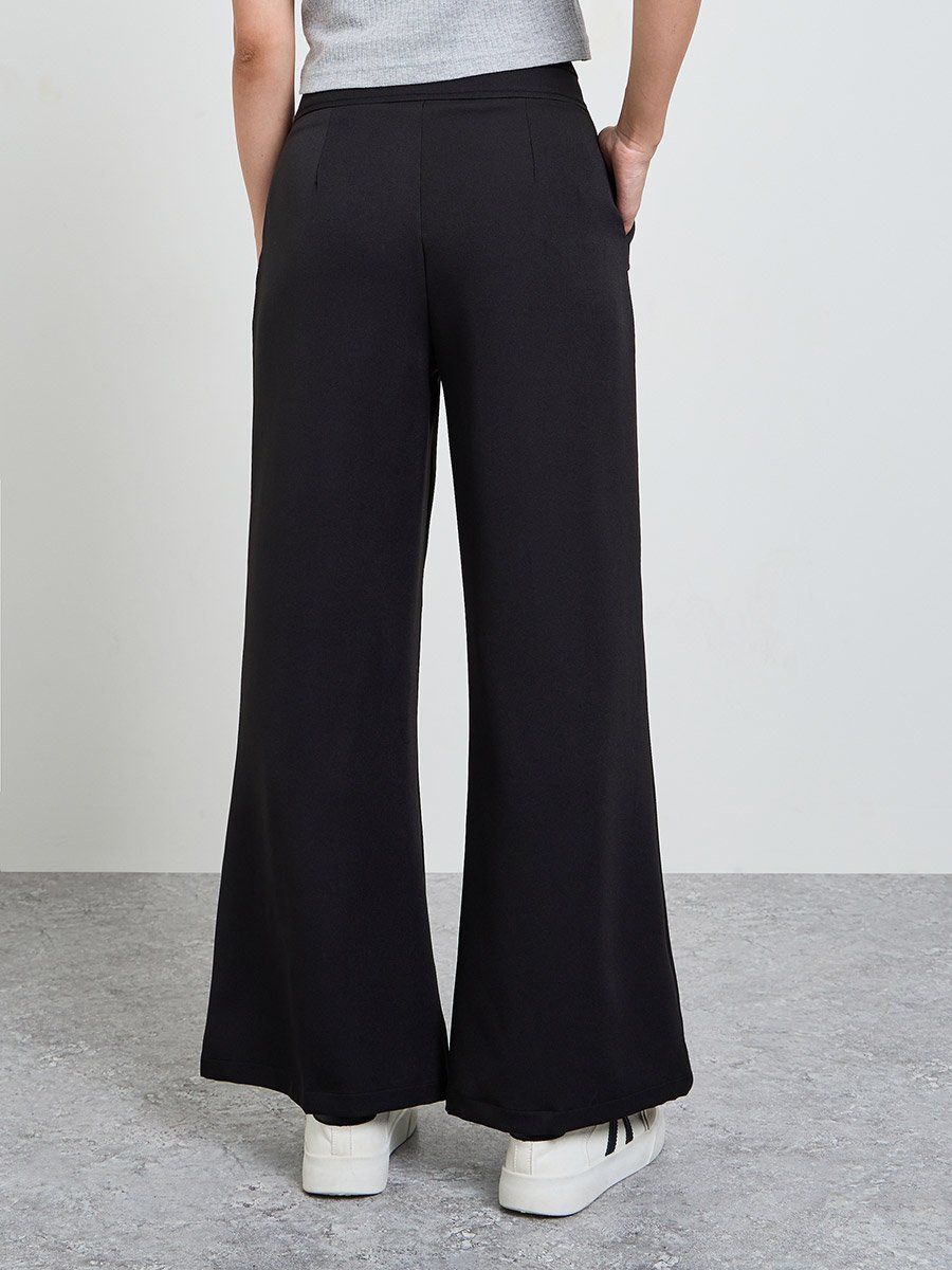 Black Solid High Waist Wide Leg Trousers