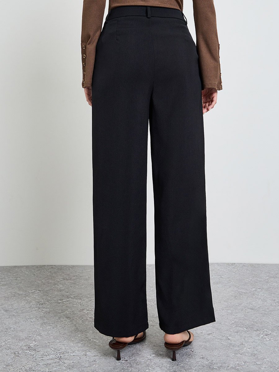 Black Solid Pleated Details Wide Leg Trousers
