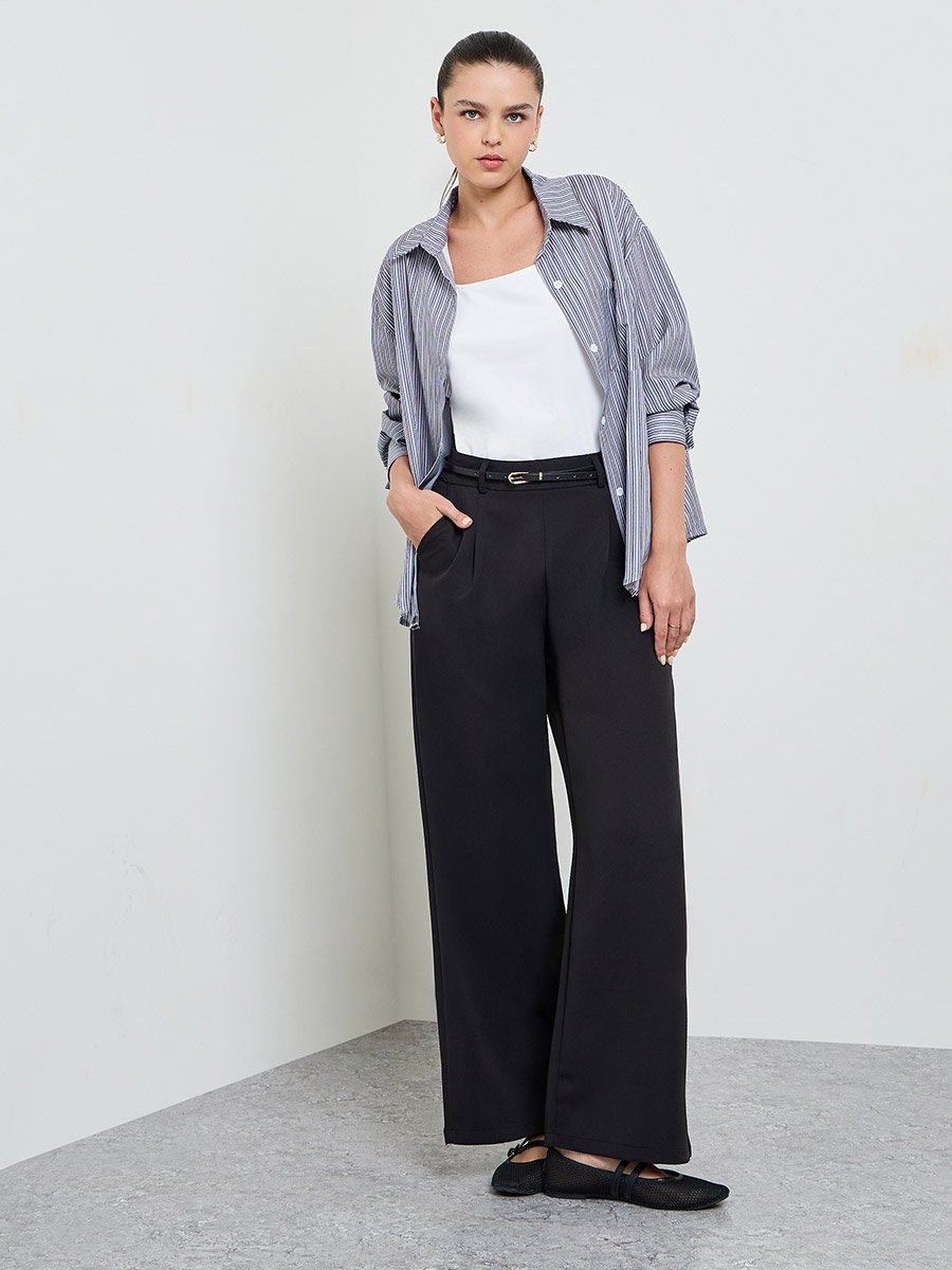 Black Solid Wide Leg Trousers