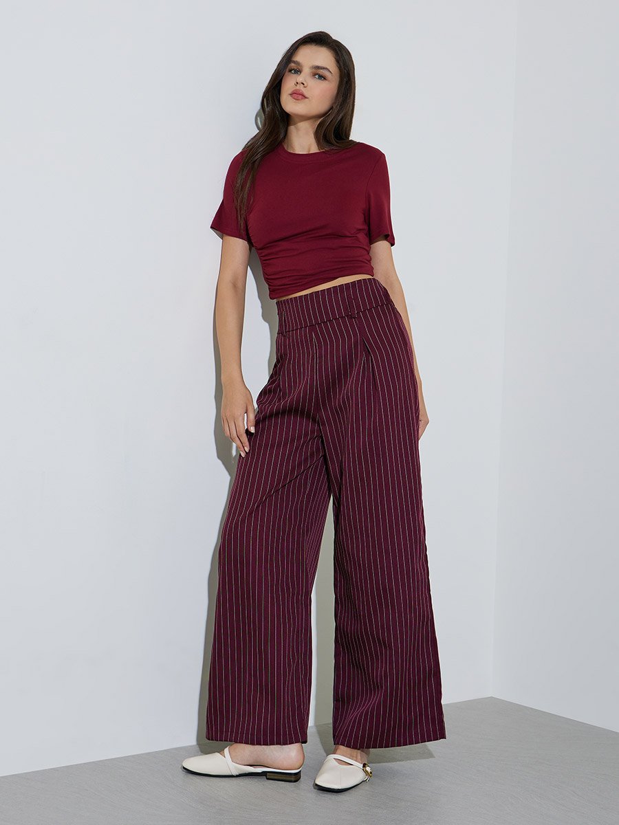 Burgundy Striped Wide Waistband Trouser