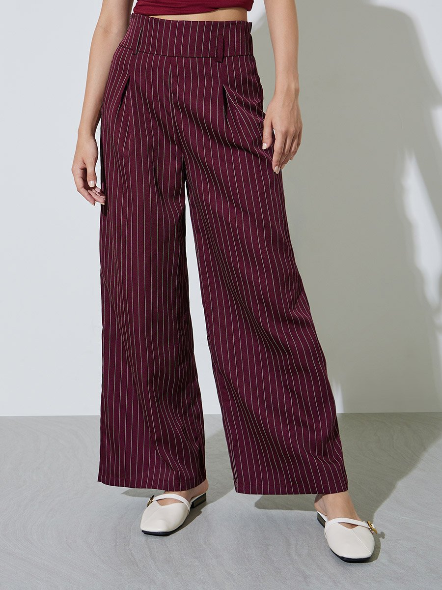 Burgundy Striped Wide Waistband Trouser