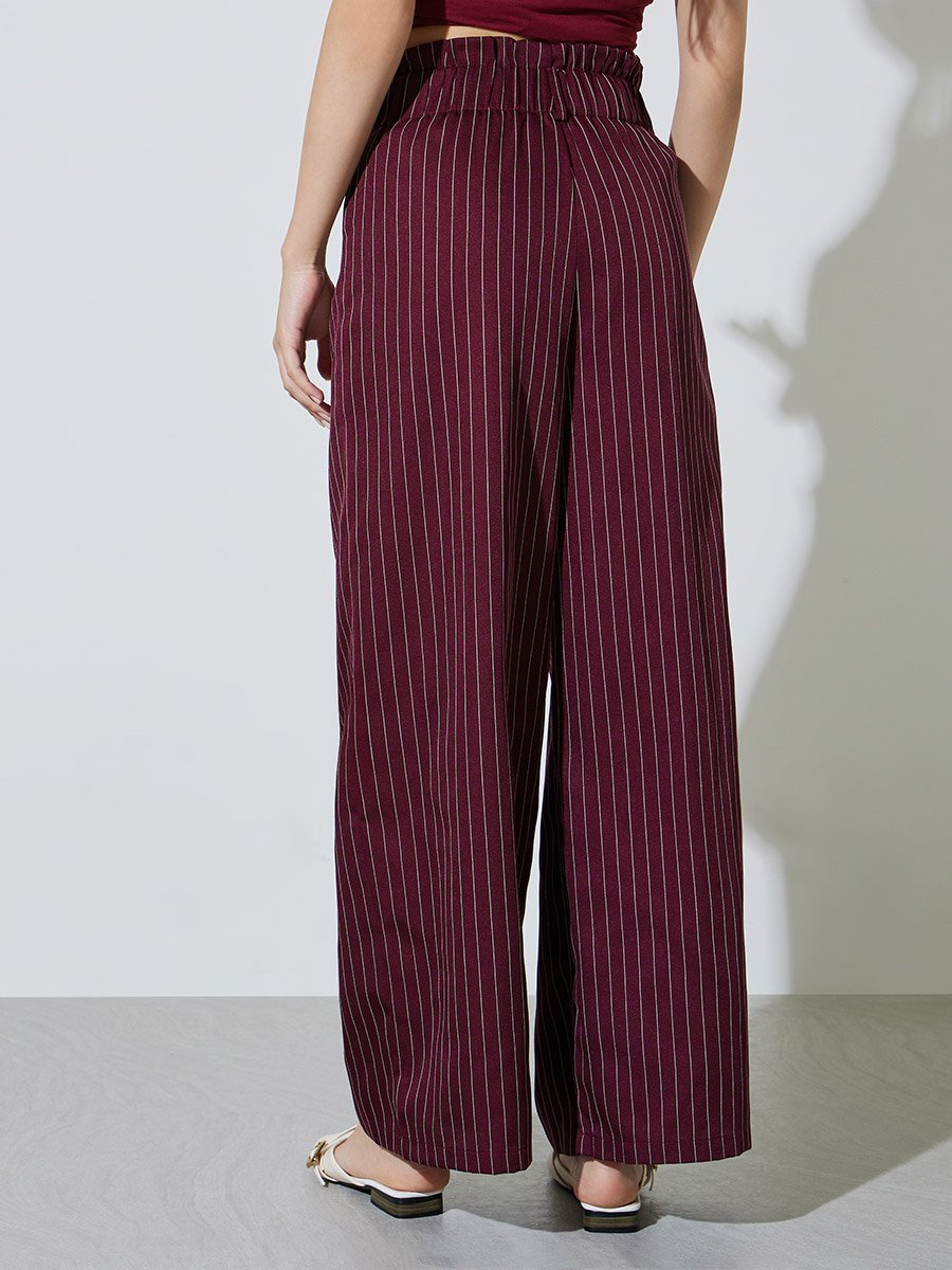 Burgundy Striped Wide Waistband Trouser