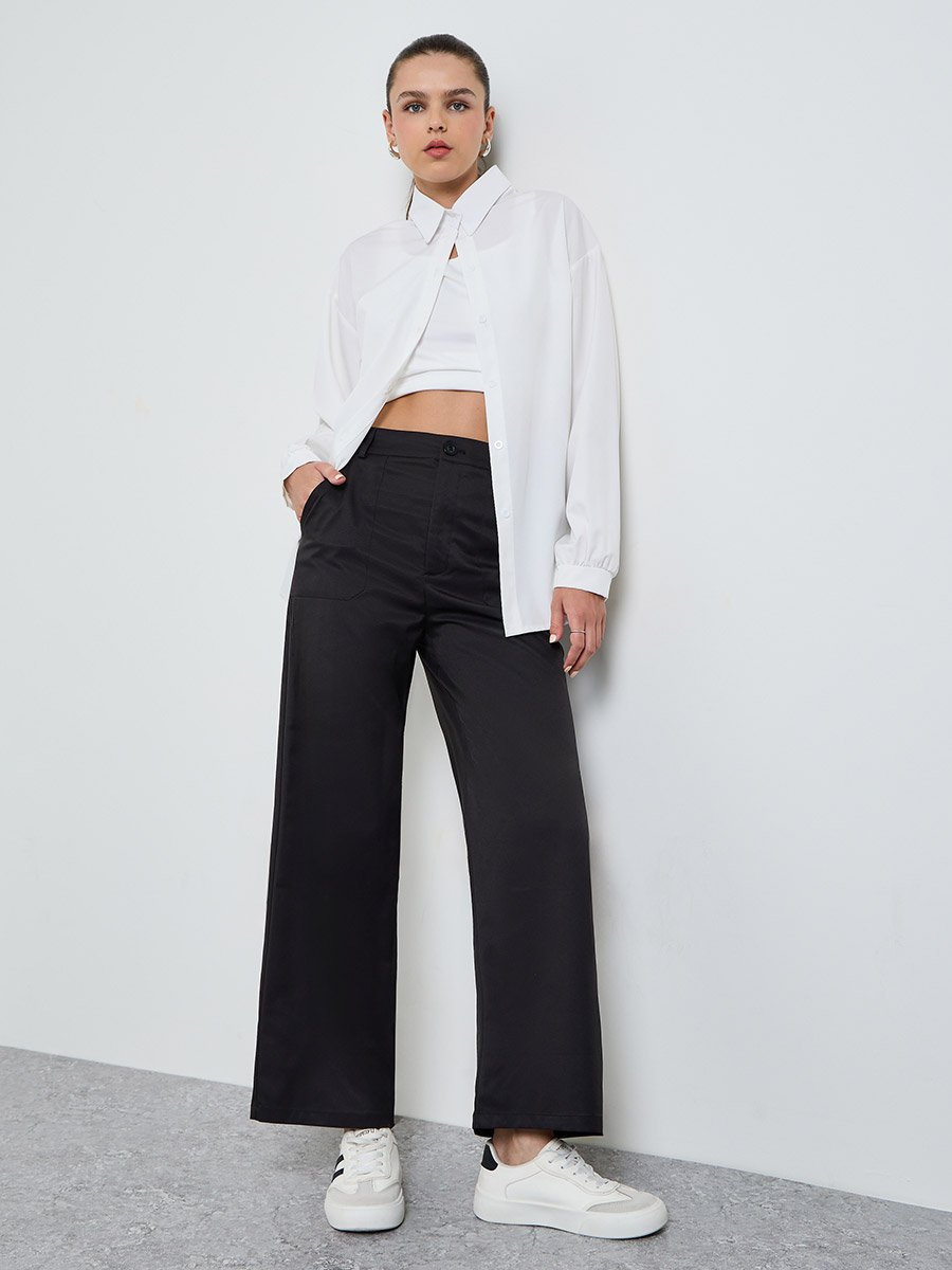 Black Solid High Rise Straight Pants