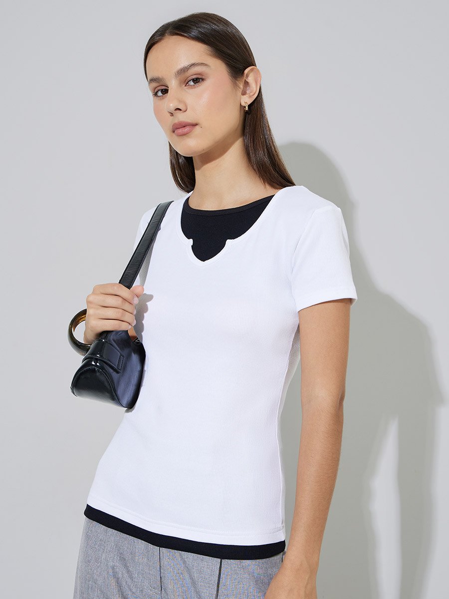 White Layered-Look Ribbed T-Shirt