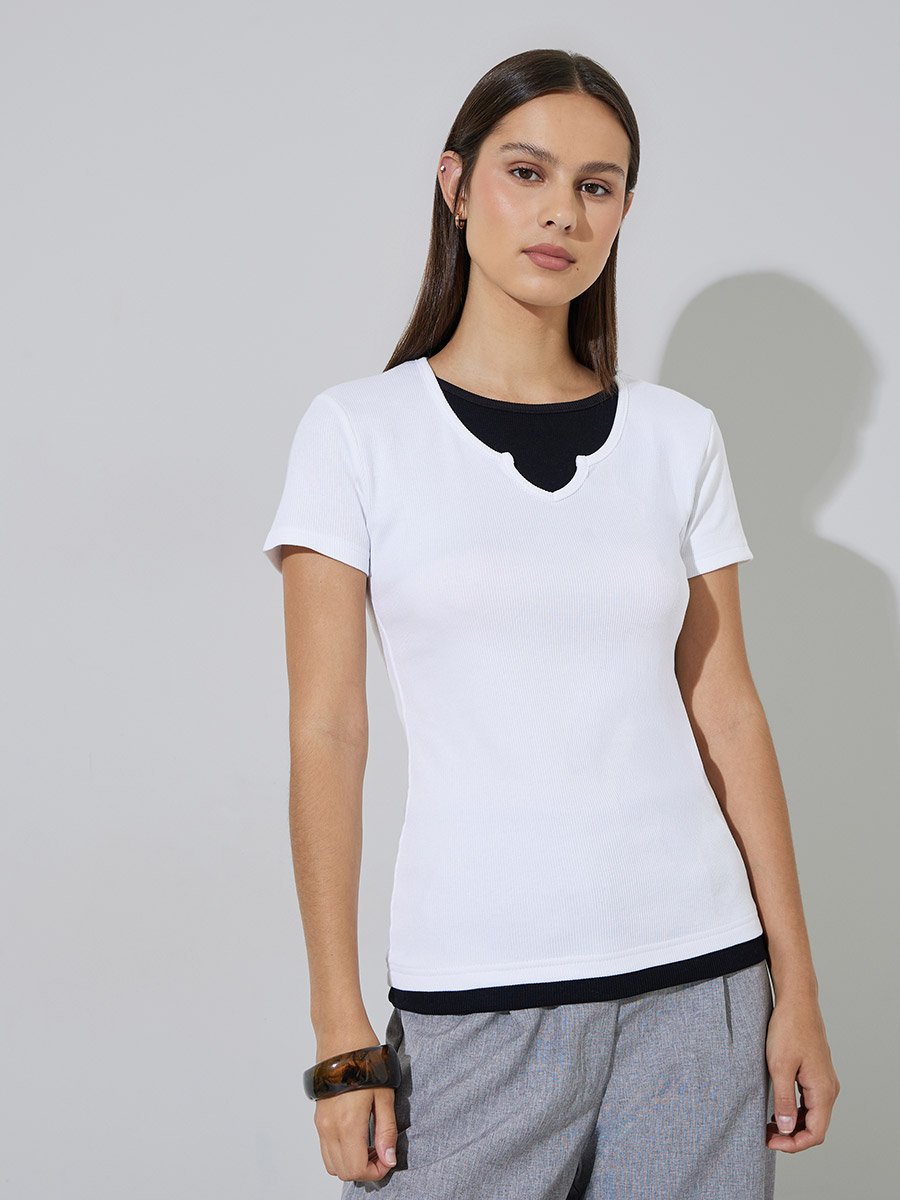 White Layered-Look Ribbed T-Shirt