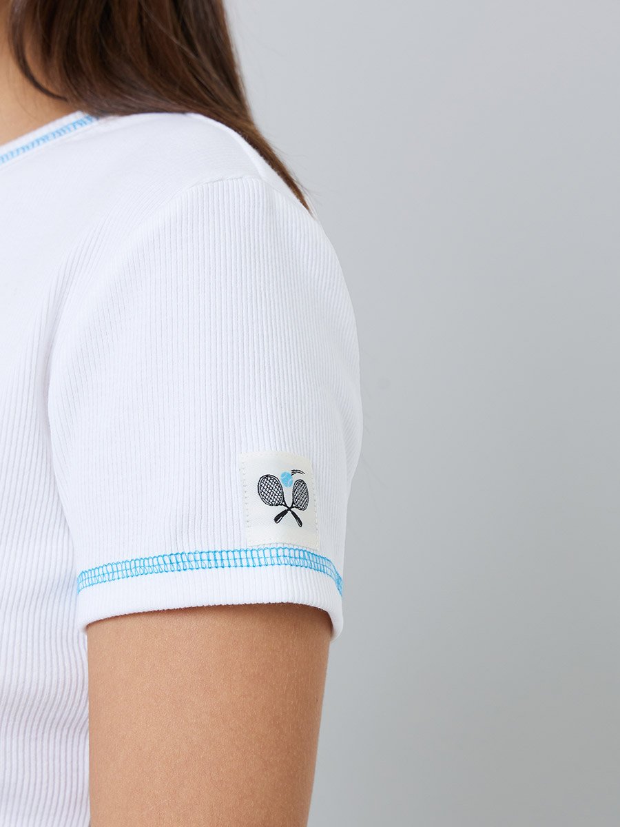 FITTED RIB HENLEY TEE WITH CONTRAST STITCH AND BADGE DETAIL , BLOCK- 7010656536