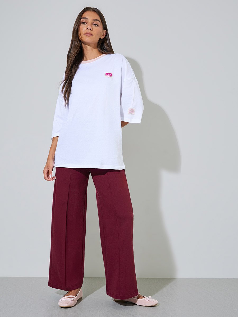 White Solid Patchwork 3/4 Sleeves Oversized T-Shirt