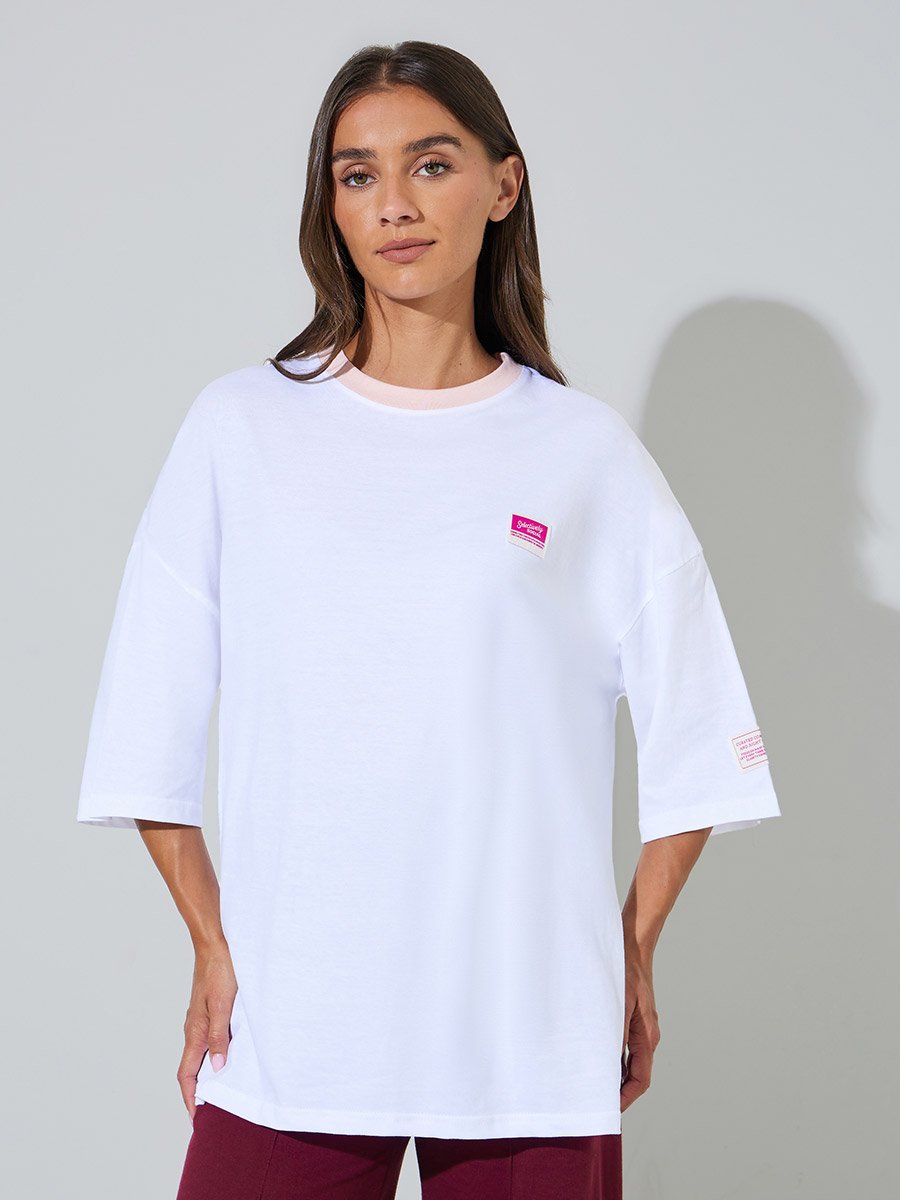 White Solid Patchwork 3/4 Sleeves Oversized T-Shirt