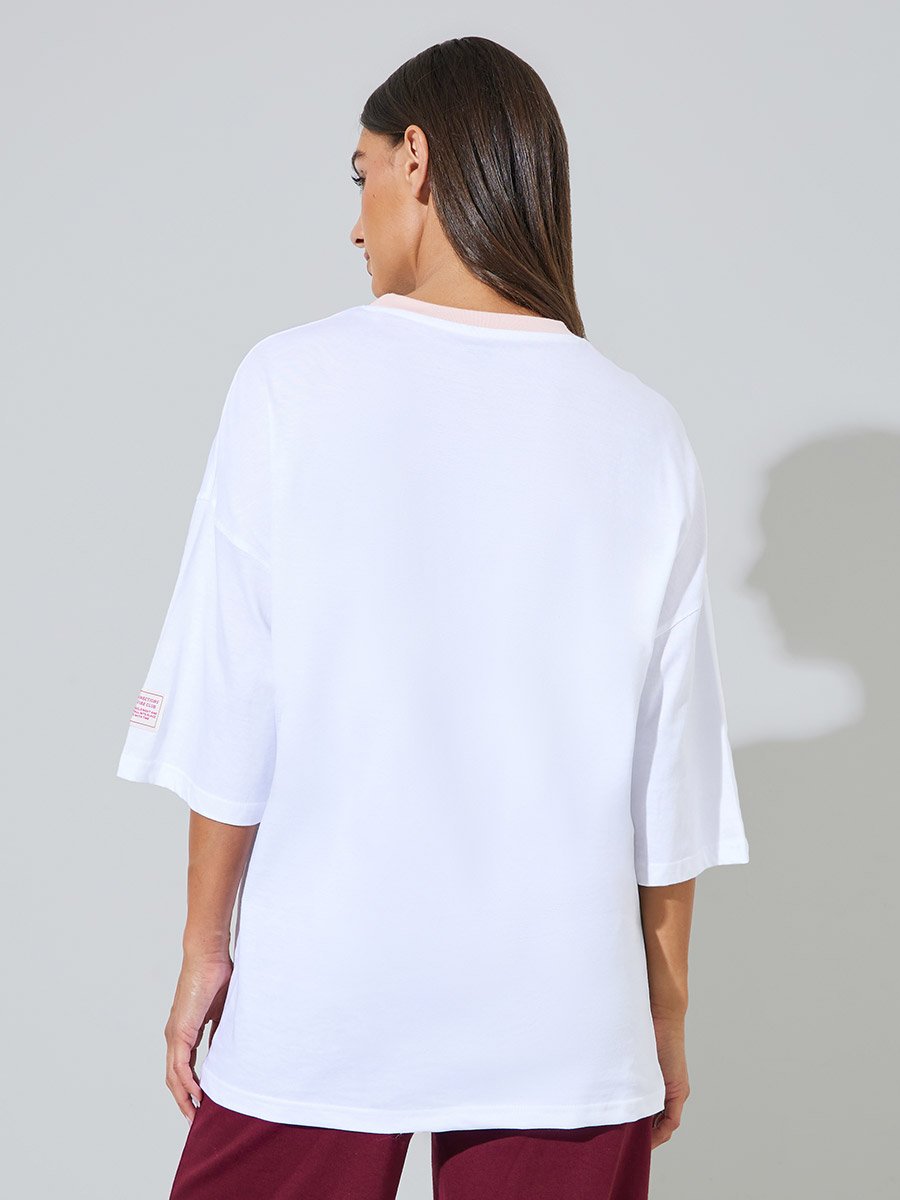 White Solid Patchwork 3/4 Sleeves Oversized T-Shirt