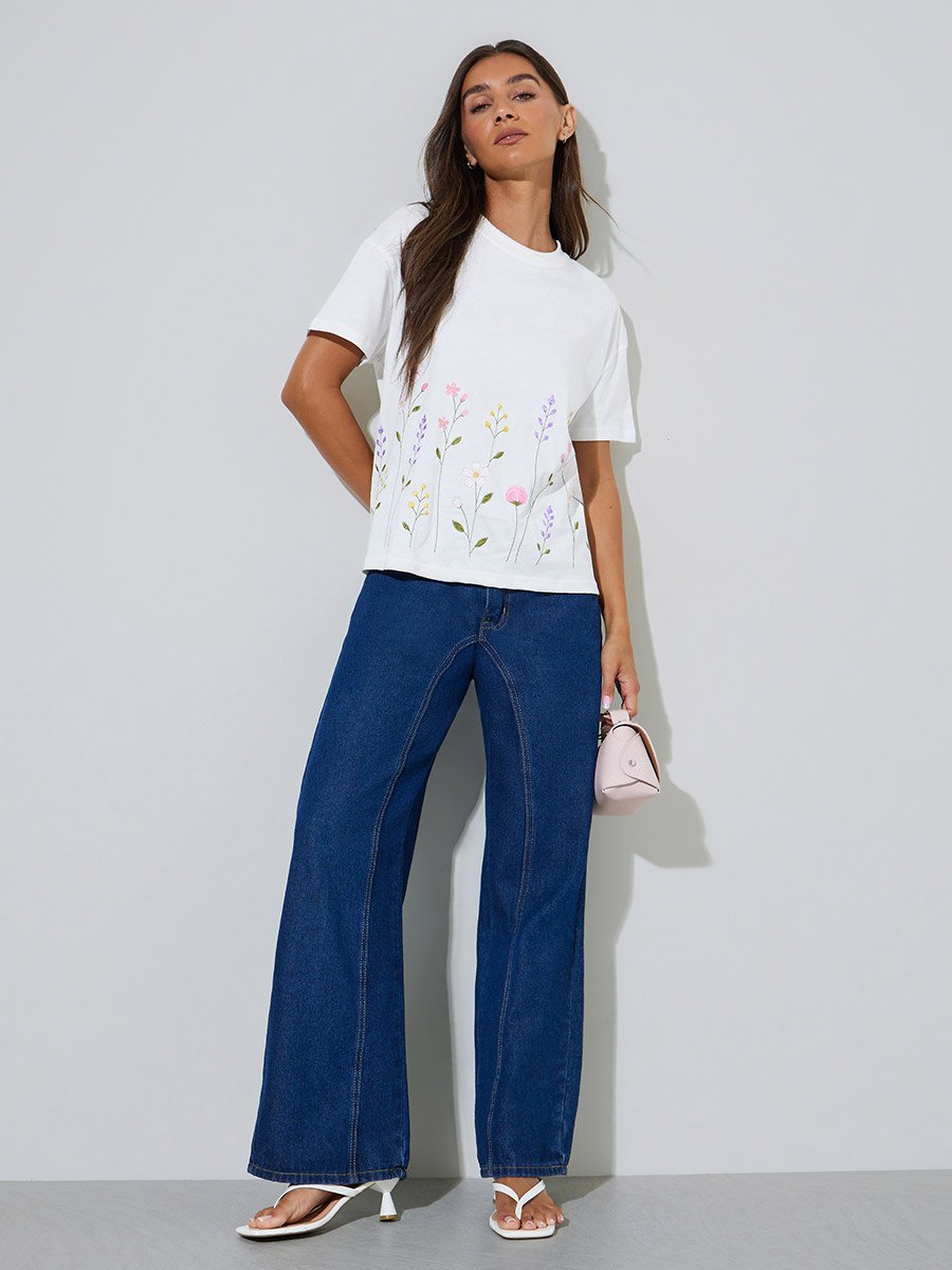 White Floral Embroidered Short Sleeves Boxy T-Shirt