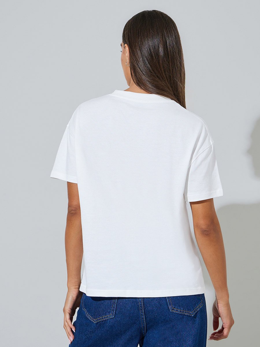 White Floral Embroidered Short Sleeves Boxy T-Shirt