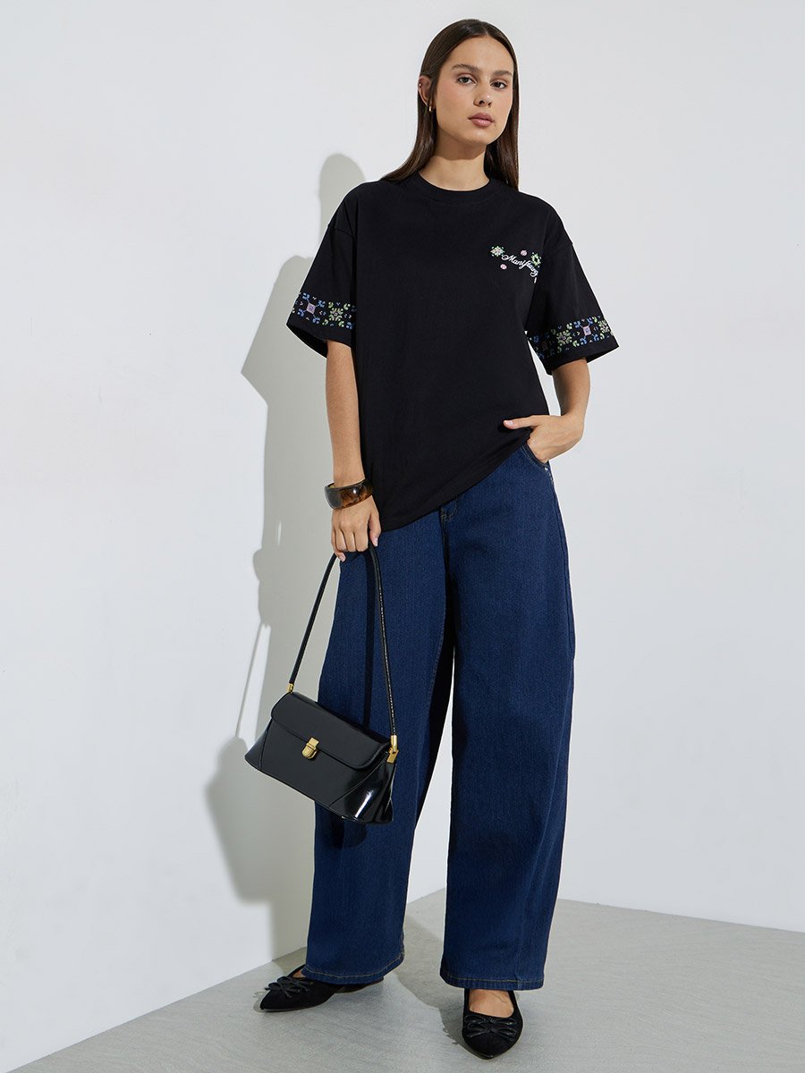 Black Cotton Embroidered Oversized T-Shirt