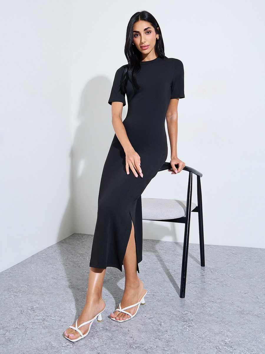Black Solid Short Sleeve Bodycon Midi Dress