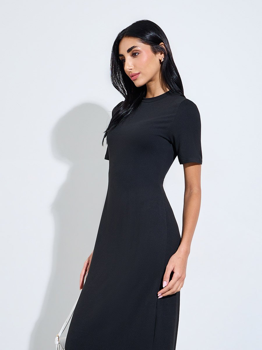 Black Solid Short Sleeve Bodycon Midi Dress