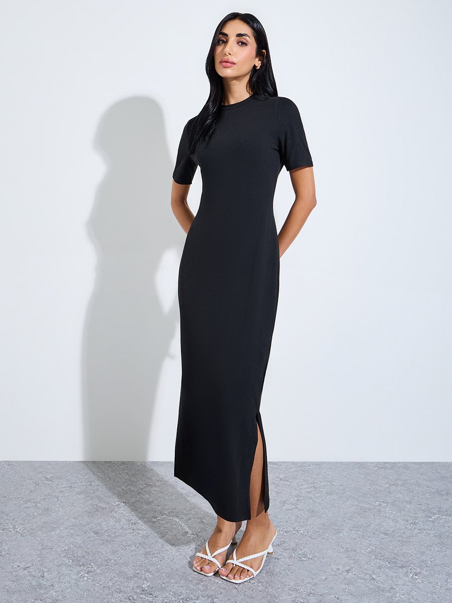 Black Solid Short Sleeve Bodycon Midi Dress